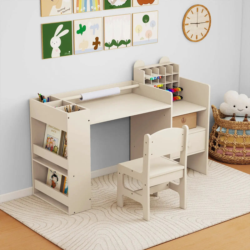 Kids Art Table and Chair Set with Detachable Paper Roll Holder and Cabinet by DirectDeals