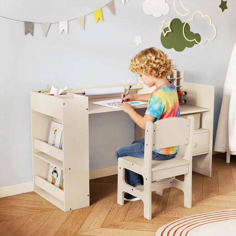 Kids Art Table and Chair Set with Detachable Paper Roll Holder and Cabinet by DirectDeals