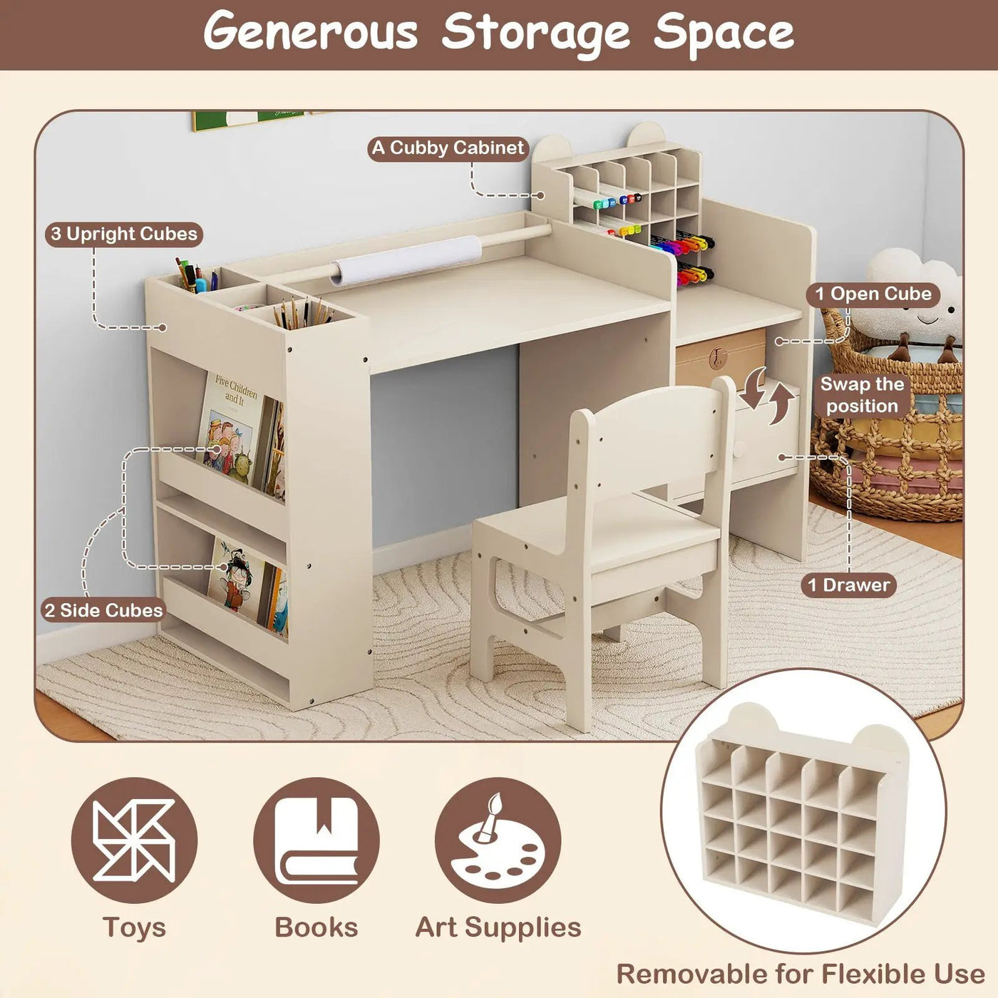 Kids Art Table and Chair Set with Detachable Paper Roll Holder and Cabinet by DirectDeals