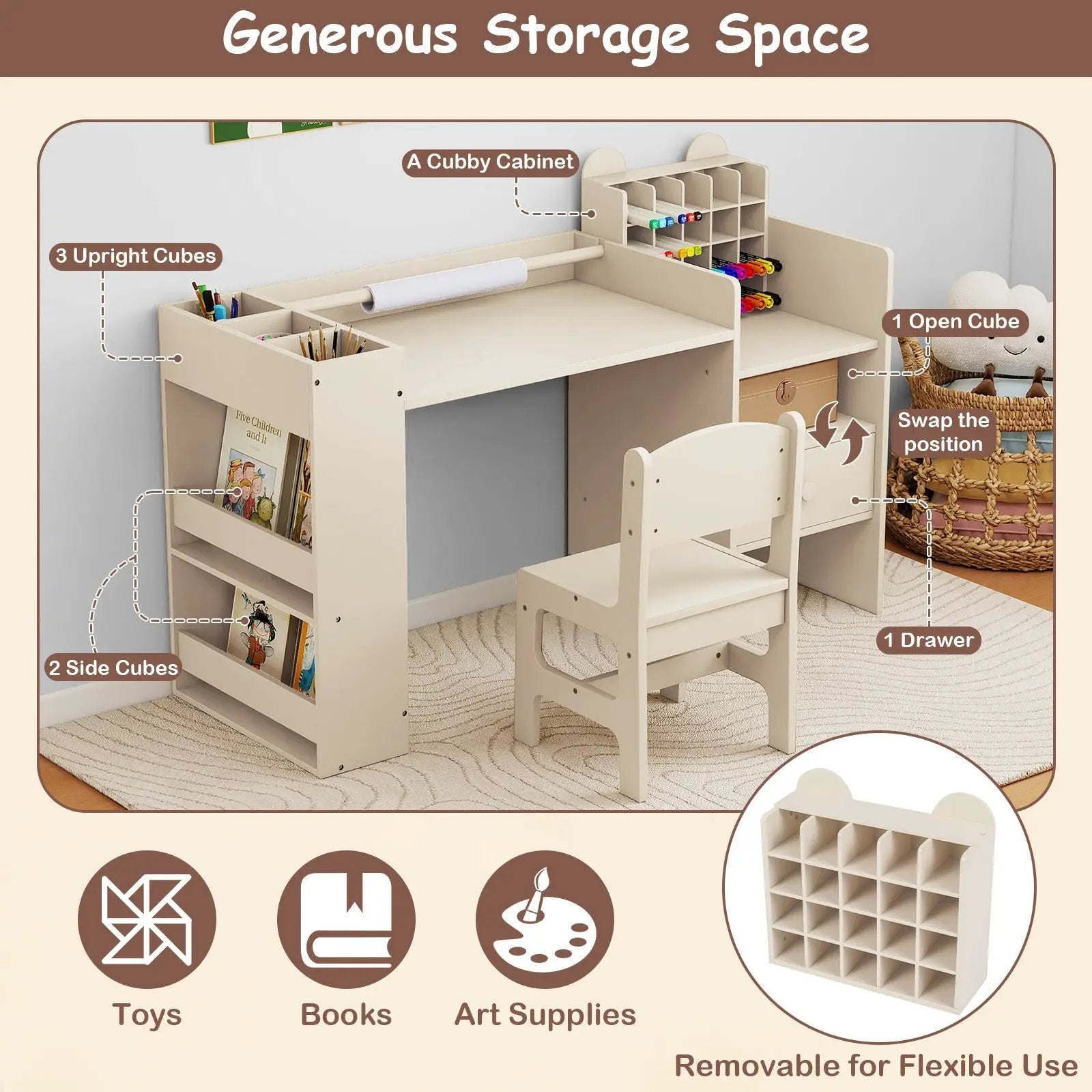 Kids Art Table and Chair Set with Detachable Paper Roll Holder and Cabinet by DirectDeals