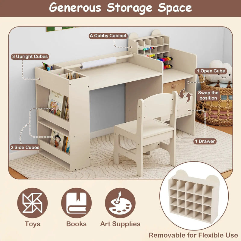 Kids Art Table and Chair Set with Detachable Paper Roll Holder and Cabinet by DirectDeals