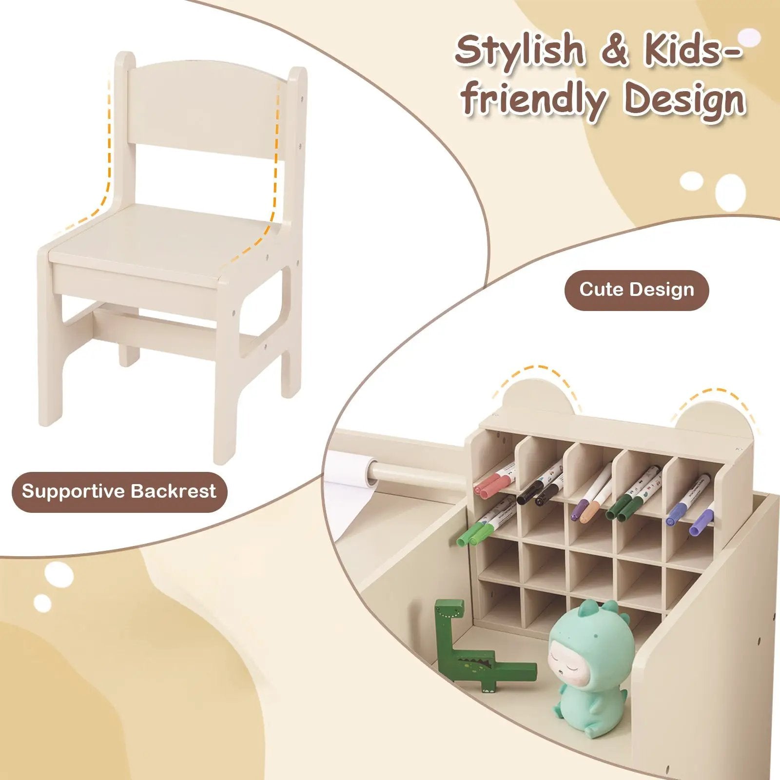 Kids Art Table and Chair Set with Detachable Paper Roll Holder and Cabinet by DirectDeals
