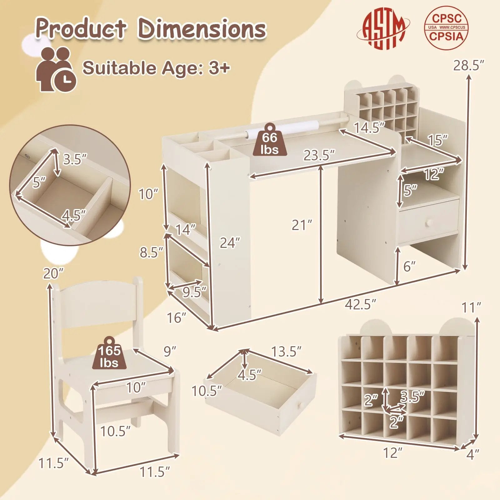 Kids Art Table and Chair Set with Detachable Paper Roll Holder and Cabinet by DirectDeals
