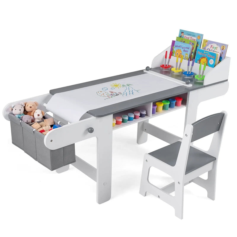 Kids Art Table and Chair with Paper Roll and Fabric Bins for Drawing Reading Studying Playing-Gray by DirectDeals