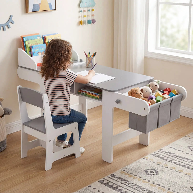 Kids Art Table and Chair with Paper Roll and Fabric Bins for Drawing Reading Studying Playing-Gray by DirectDeals
