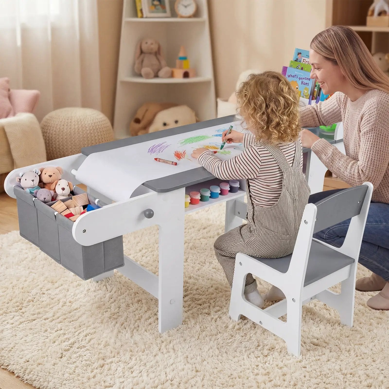 Kids Art Table and Chair with Paper Roll and Fabric Bins for Drawing Reading Studying Playing-Gray by DirectDeals