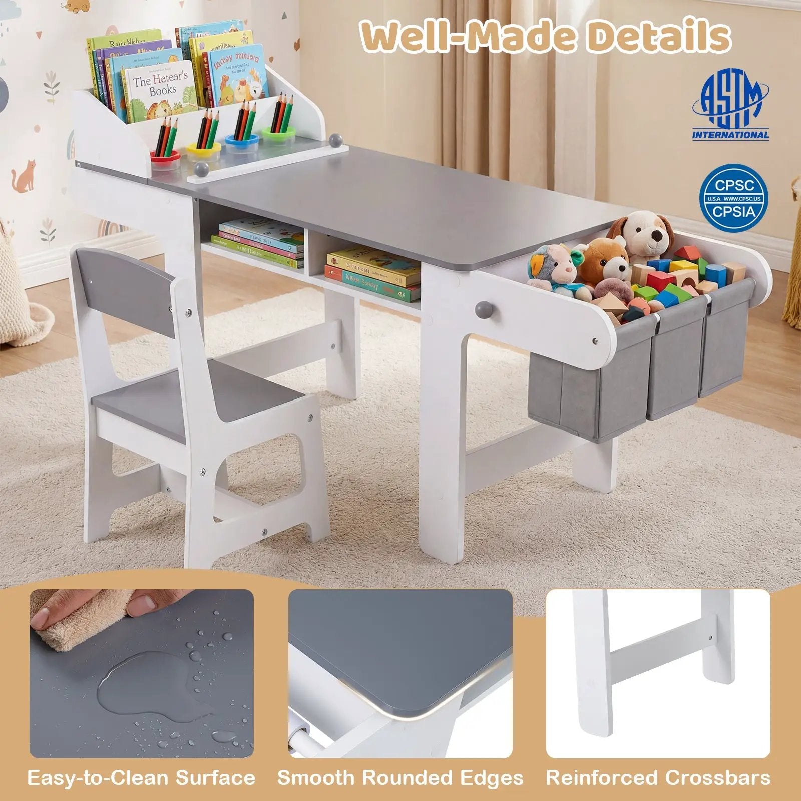 Kids Art Table and Chair with Paper Roll and Fabric Bins for Drawing Reading Studying Playing-Gray by DirectDeals