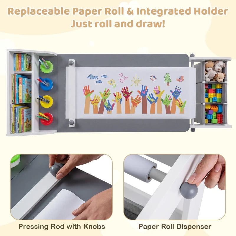 Kids Art Table and Chair with Paper Roll and Fabric Bins for Drawing Reading Studying Playing-Gray by DirectDeals