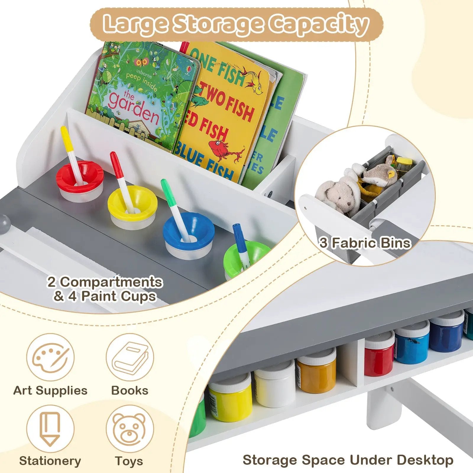 Kids Art Table and Chair with Paper Roll and Fabric Bins for Drawing Reading Studying Playing-Gray by DirectDeals