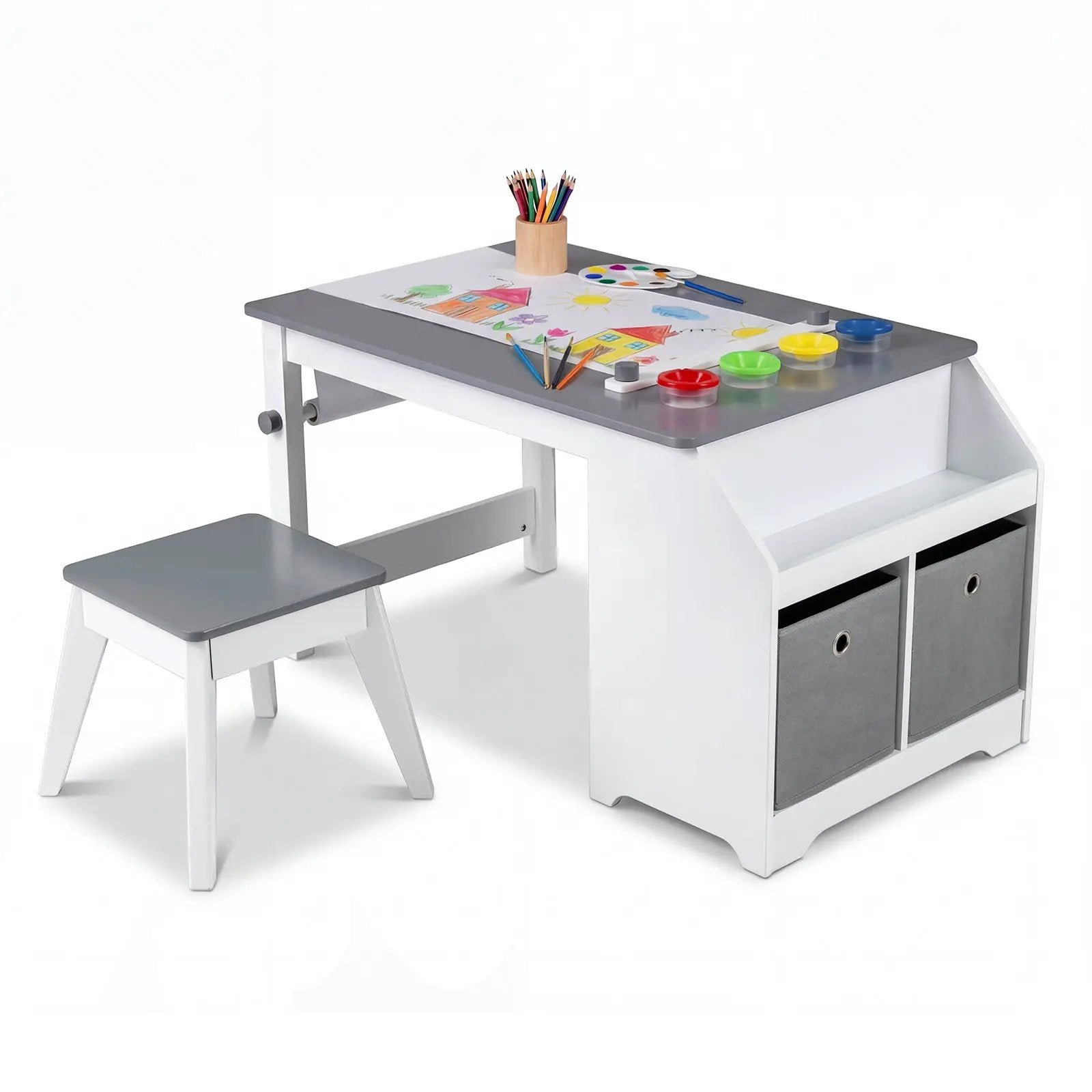 Kids Art Table and Stool Set Toddler Activity Desk with Paper Roll and 4 Paint Cups for Drawing Learning-Gray by DirectDeals