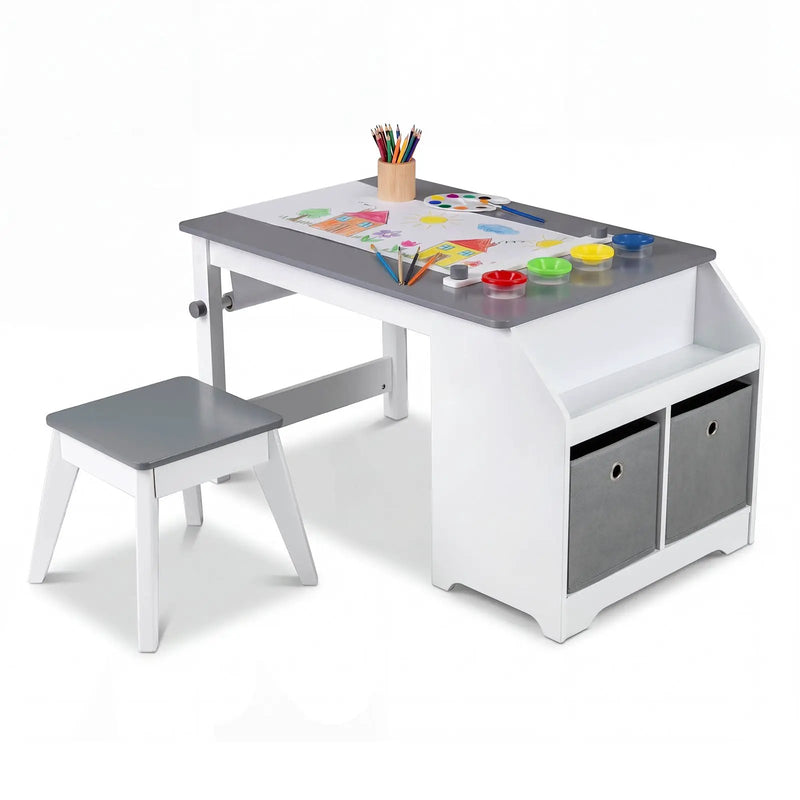 Kids Art Table and Stool Set Toddler Activity Desk with Paper Roll and 4 Paint Cups for Drawing Learning-Gray by DirectDeals