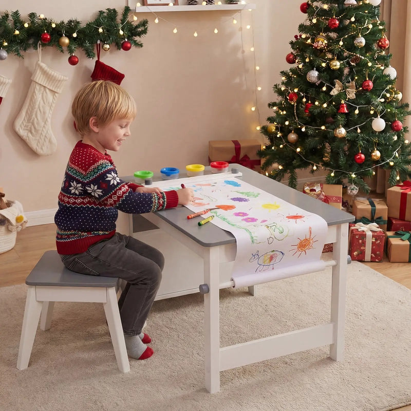 Kids Art Table and Stool Set Toddler Activity Desk with Paper Roll and 4 Paint Cups for Drawing Learning-Gray by DirectDeals