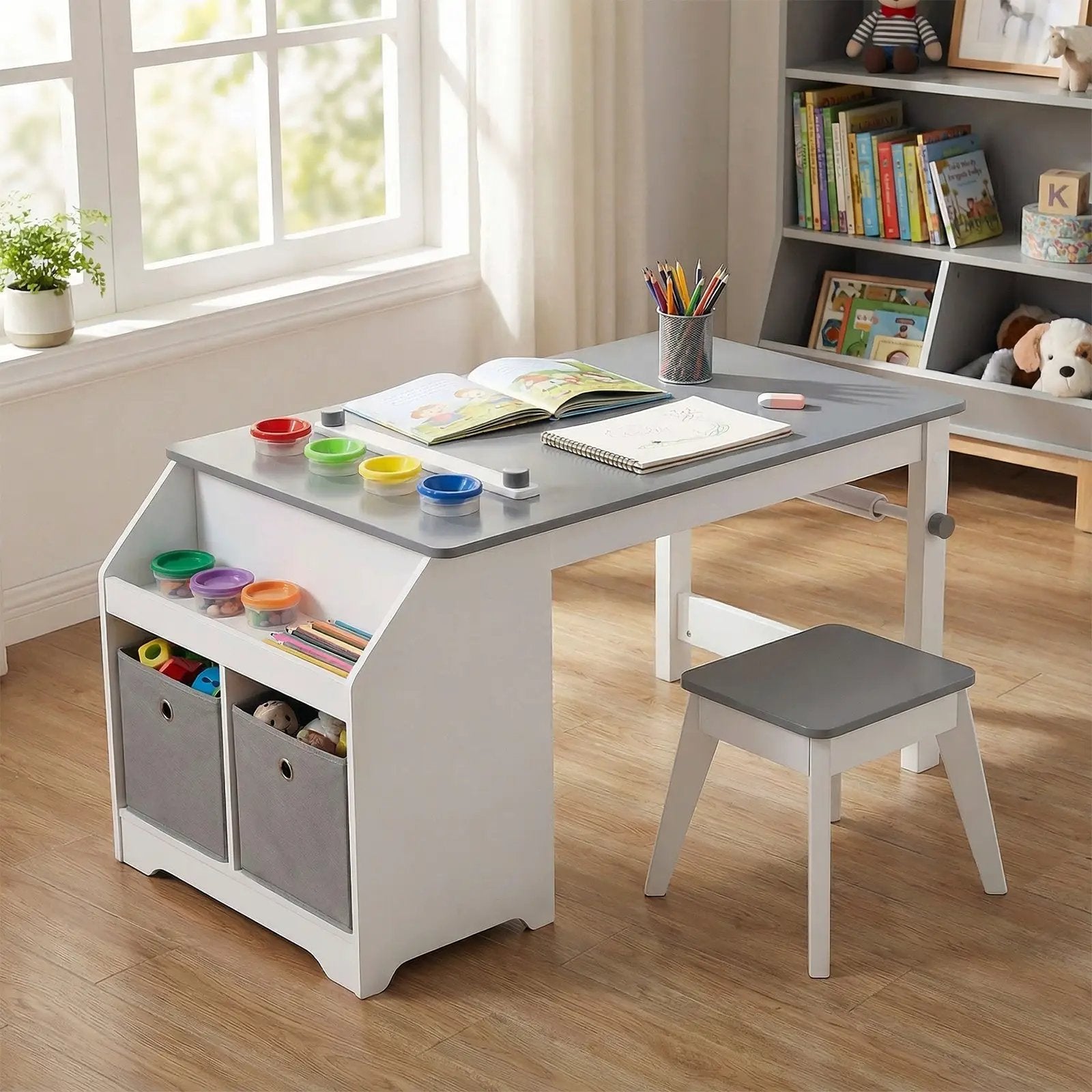 Kids Art Table and Stool Set Toddler Activity Desk with Paper Roll and 4 Paint Cups for Drawing Learning-Gray by DirectDeals