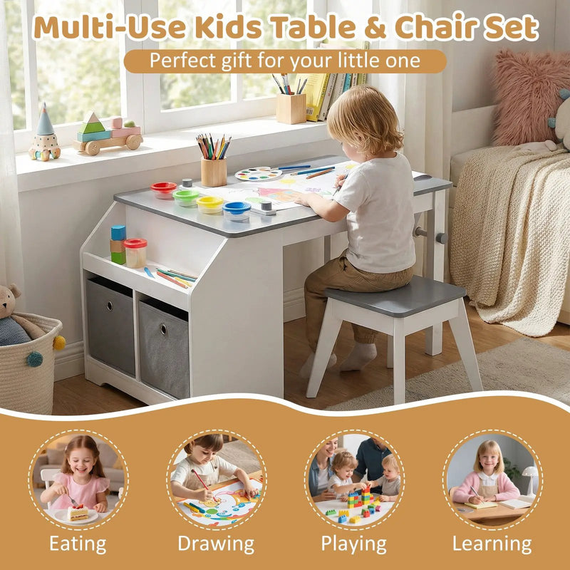Kids Art Table and Stool Set Toddler Activity Desk with Paper Roll and 4 Paint Cups for Drawing Learning-Gray by DirectDeals