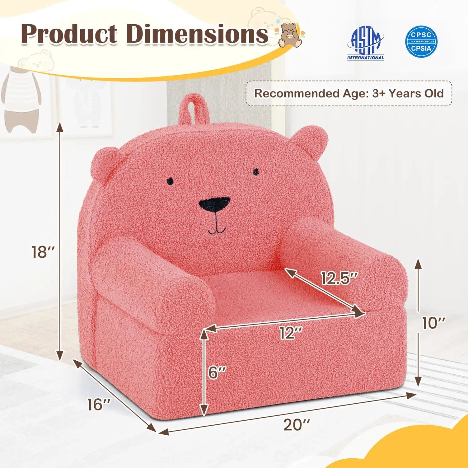 Kids Bear Sofa Toddler Foam Couch with Soft Fleece Fabric Cover by DirectDeals