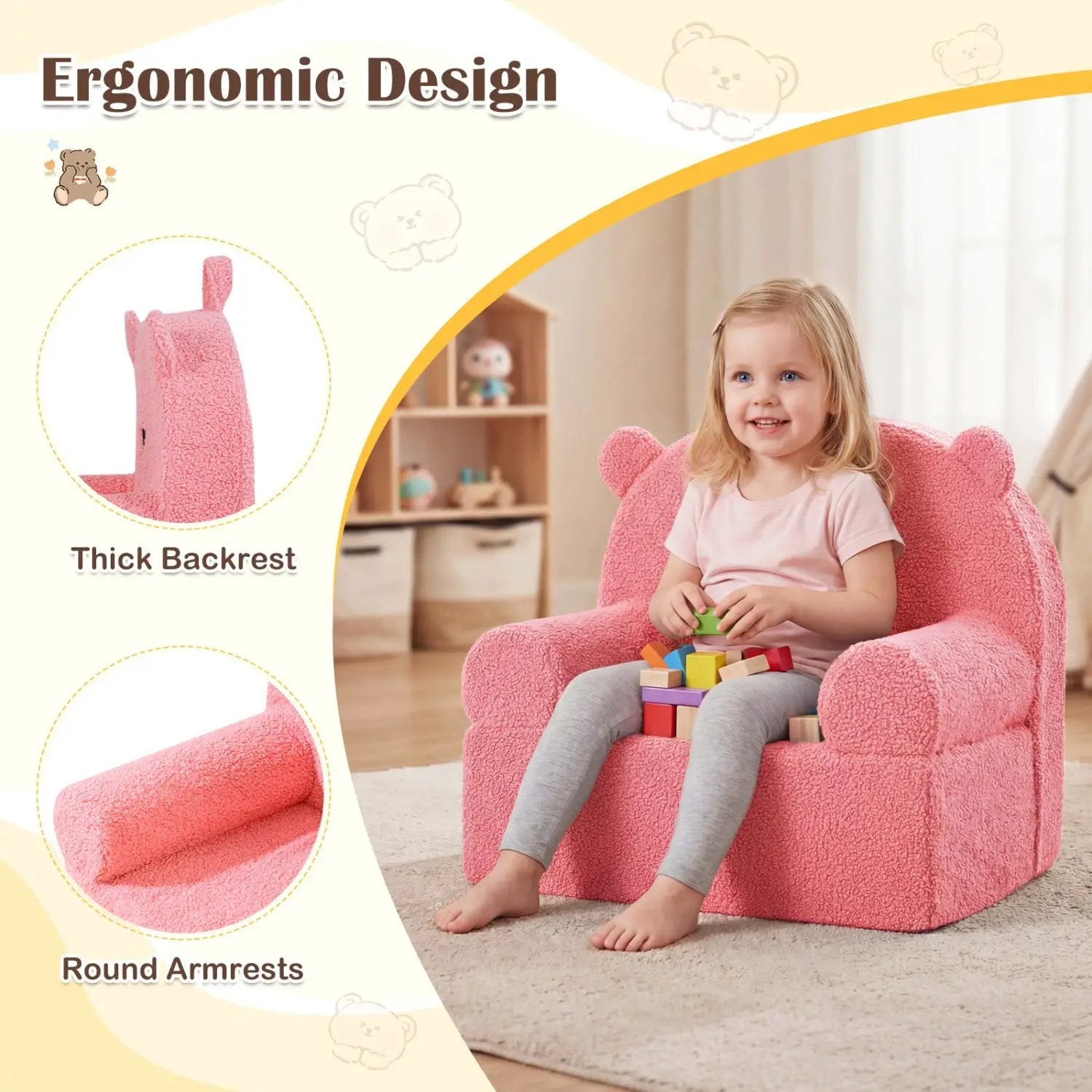 Kids Bear Sofa Toddler Foam Couch with Soft Fleece Fabric Cover by DirectDeals