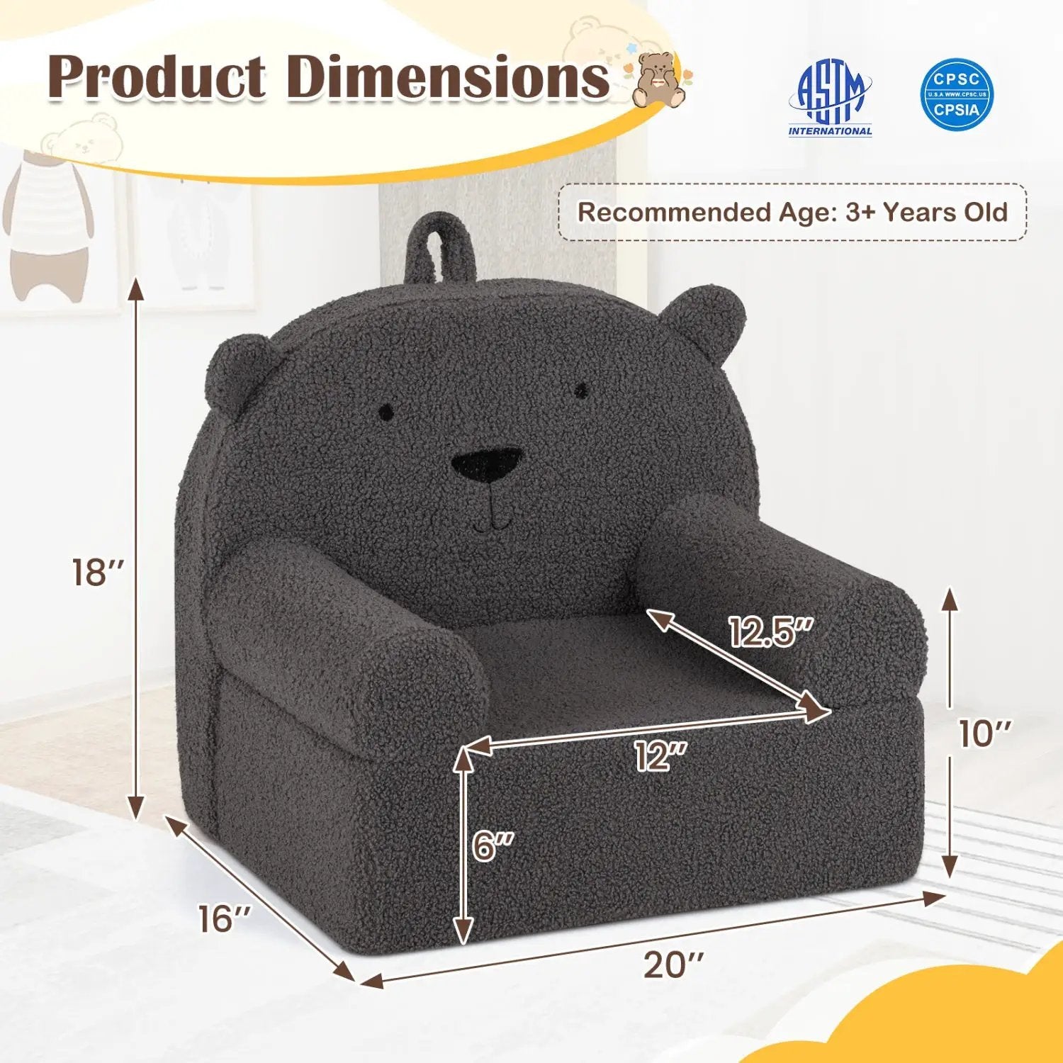 Kids Bear Sofa Toddler Foam Couch with Soft Fleece Fabric Cover by DirectDeals