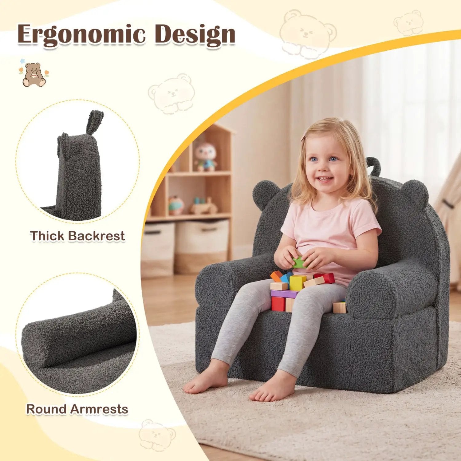 Kids Bear Sofa Toddler Foam Couch with Soft Fleece Fabric Cover by DirectDeals
