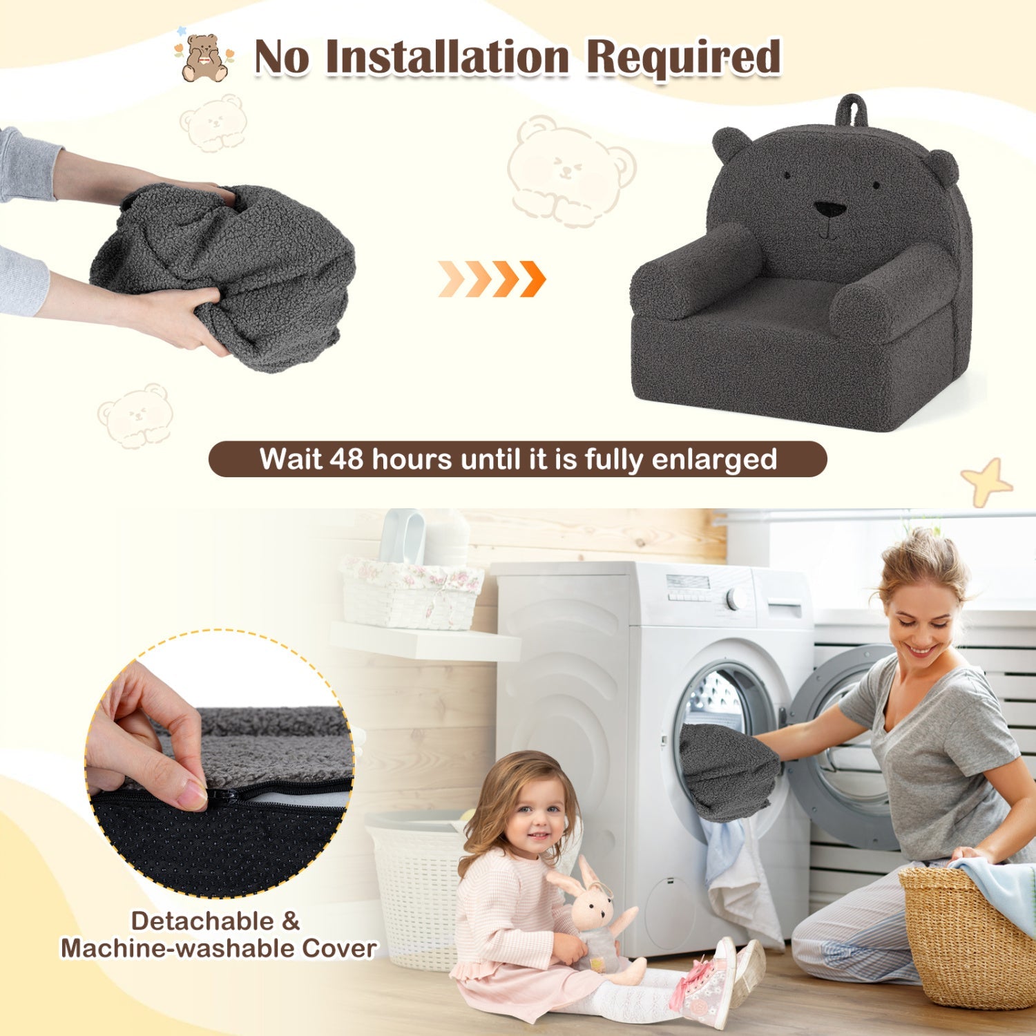 Kids Bear Sofa Toddler Foam Couch with Soft Fleece Fabric Cover by DirectDeals