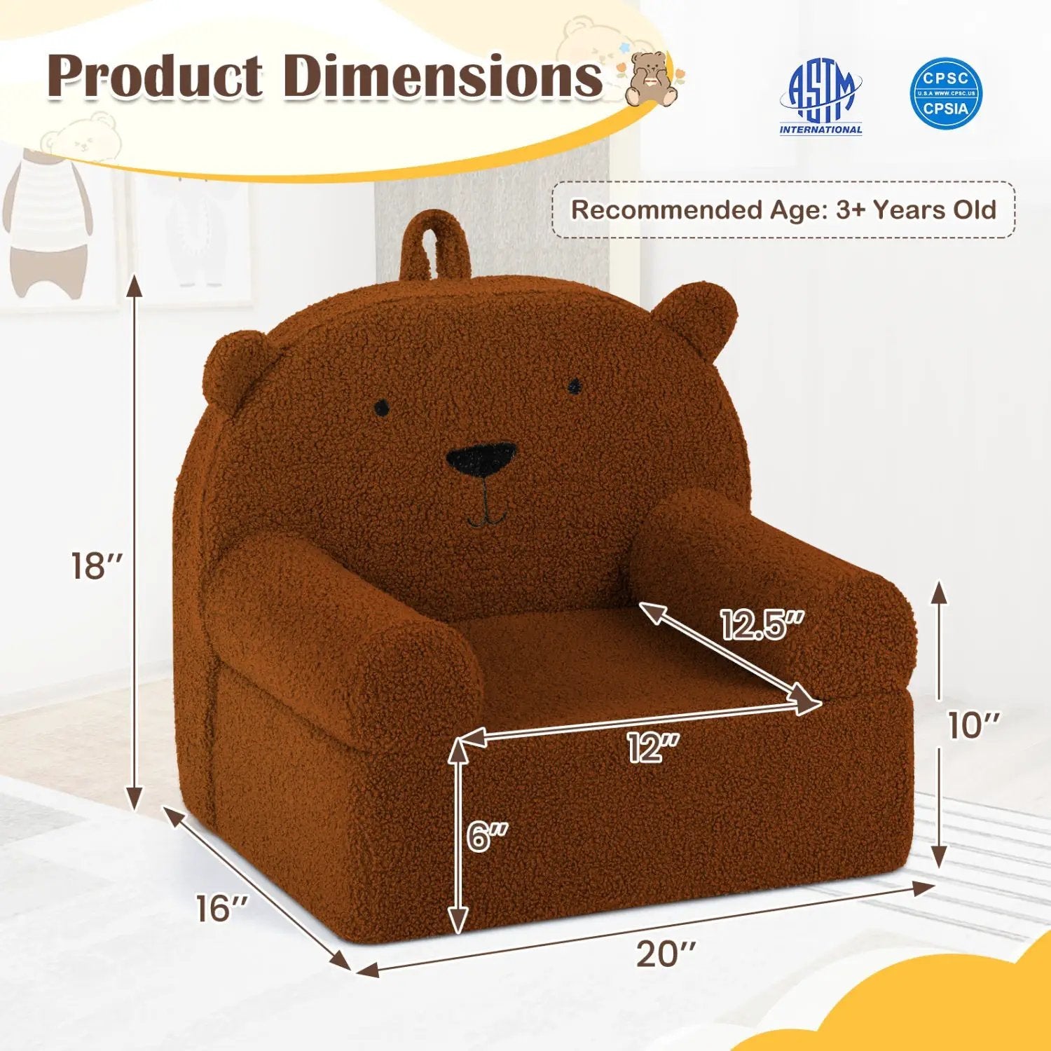 Kids Bear Sofa Toddler Foam Couch with Soft Fleece Fabric Cover by DirectDeals