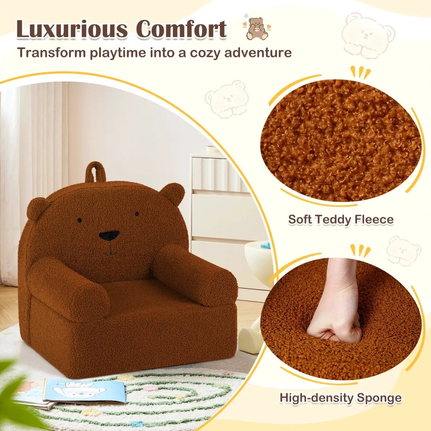 Kids Bear Sofa Toddler Foam Couch with Soft Fleece Fabric Cover by DirectDeals