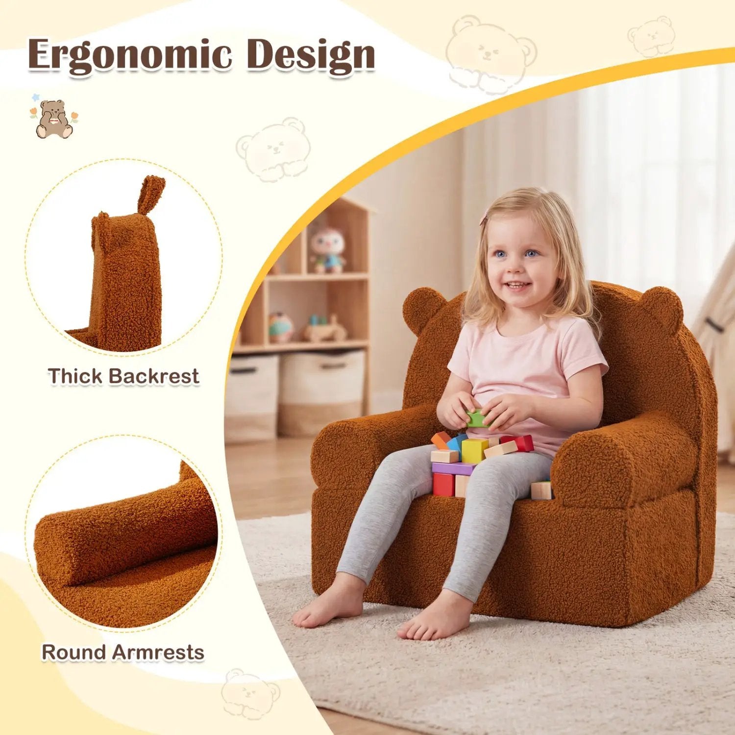 Kids Bear Sofa Toddler Foam Couch with Soft Fleece Fabric Cover by DirectDeals