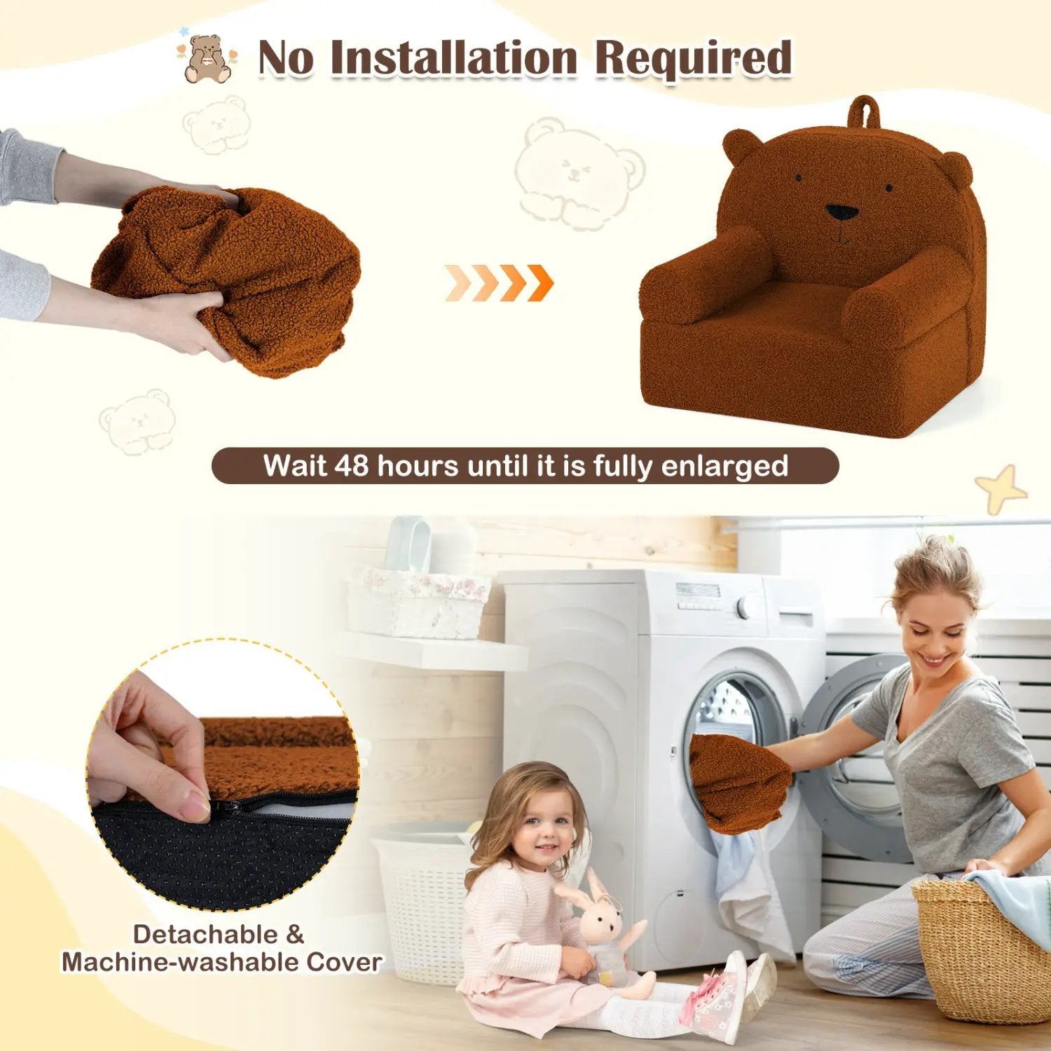Kids Bear Sofa Toddler Foam Couch with Soft Fleece Fabric Cover by DirectDeals