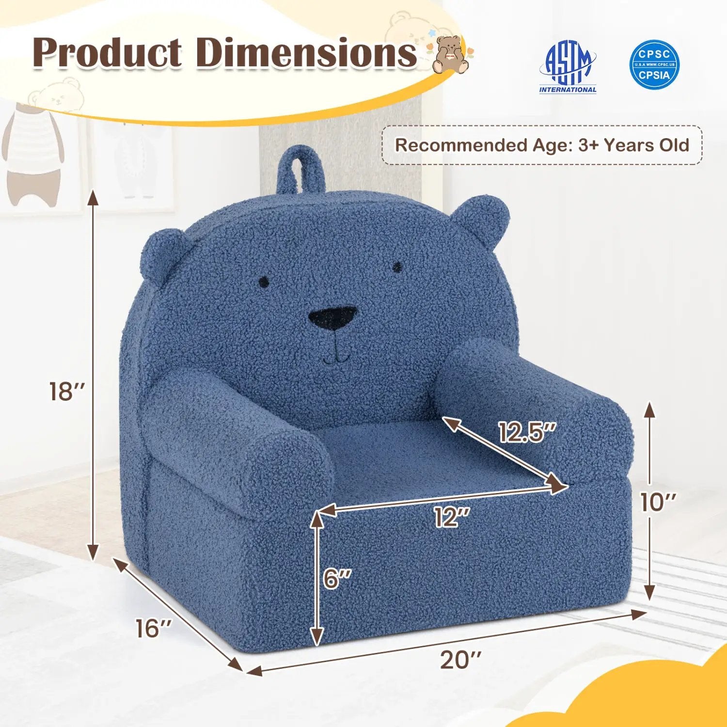 Kids Bear Sofa Toddler Foam Couch with Soft Fleece Fabric Cover by DirectDeals