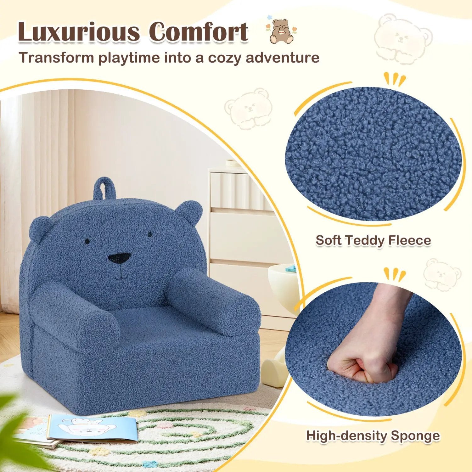 Kids Bear Sofa Toddler Foam Couch with Soft Fleece Fabric Cover by DirectDeals