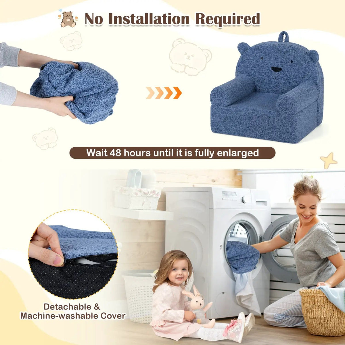 Kids Bear Sofa Toddler Foam Couch with Soft Fleece Fabric Cover by DirectDeals
