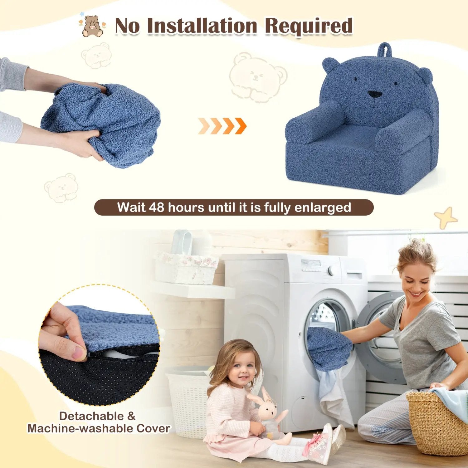 Kids Bear Sofa Toddler Foam Couch with Soft Fleece Fabric Cover by DirectDeals