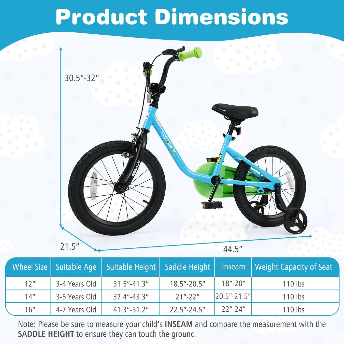 Kids Bike for 3-7 Years Old Boys and Girls 12/14/16-Inch Children Bicycle Blue by DirectDeals