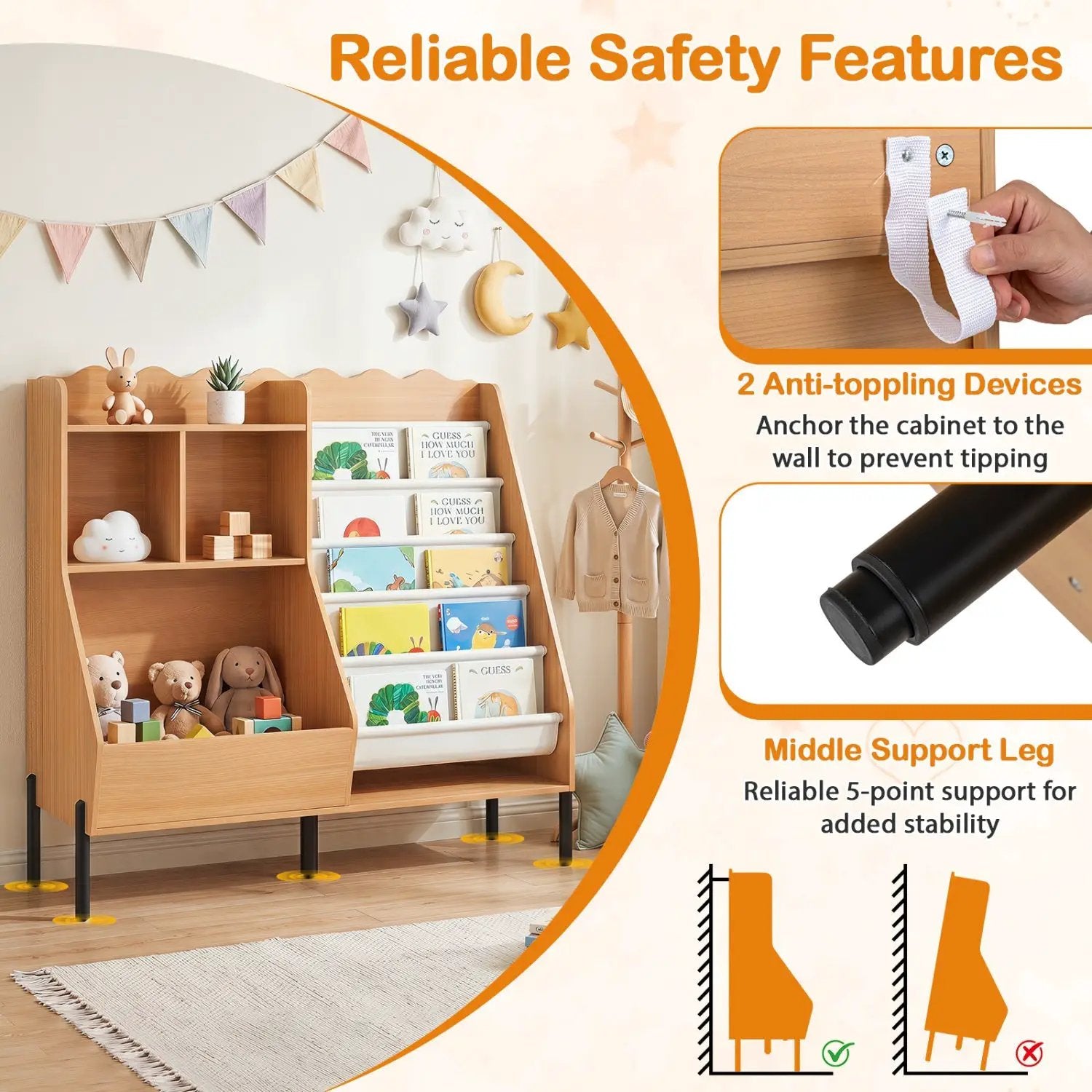 Kids Bookshelf and Toy Storage Organizer with 5 Fabric Pockets by DirectDeals