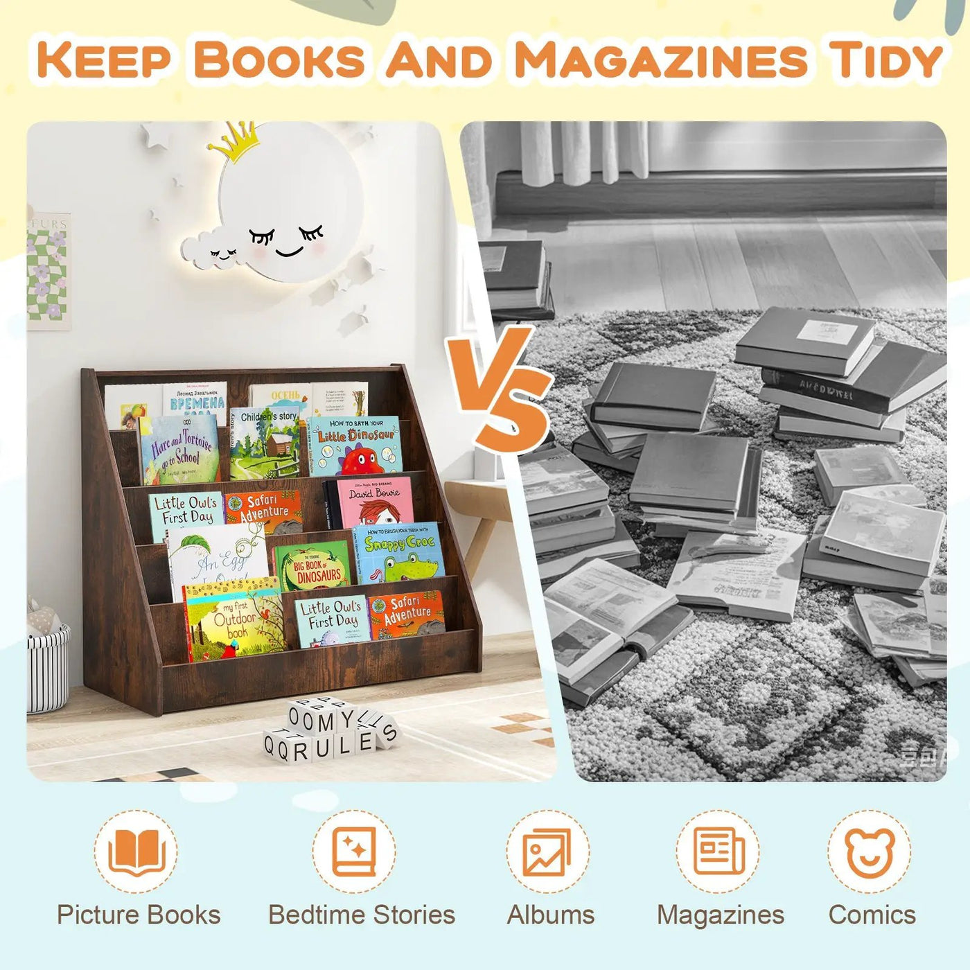5-Tier Kids Bookshelf with Deep Compartments and Stable Baby Book Case by DirectDeals