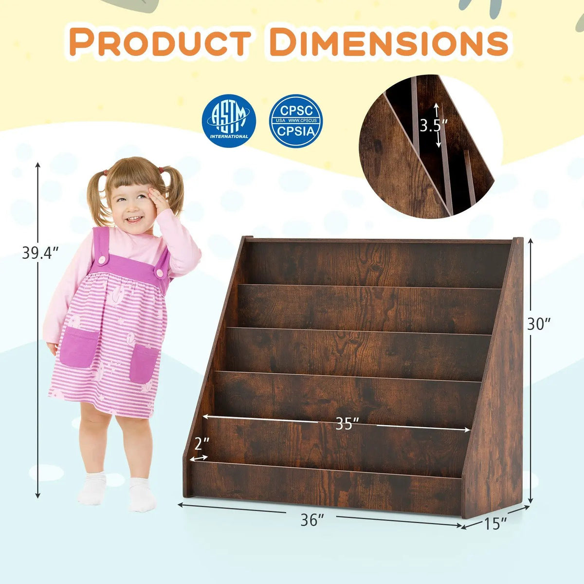 5-Tier Kids Bookshelf with Deep Compartments and Stable Baby Book Case by DirectDeals