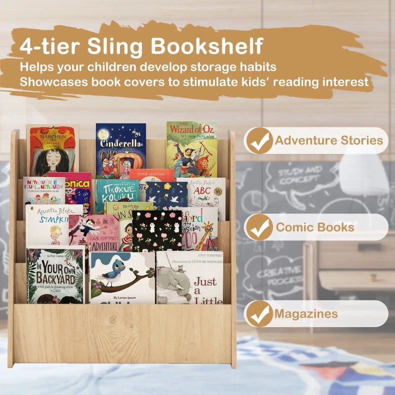 4-Tier Kids Bookshelf with Deep Compartments for Bedroom by DirectDeals