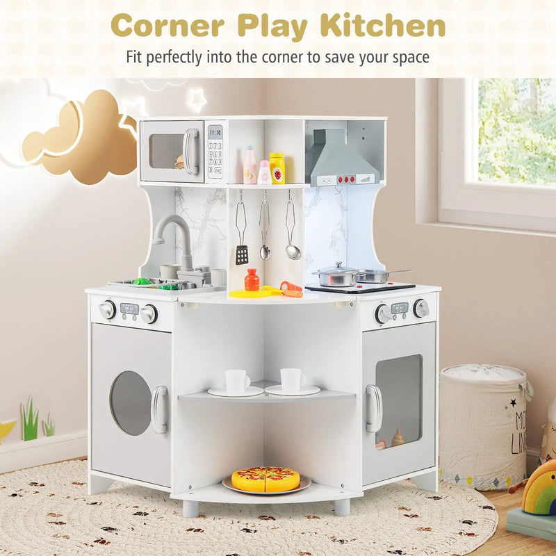 Kids Corner Wooden Play Kitchen with Range Hood and Stoves-Gray by DirectDeals