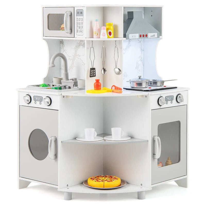 Kids Corner Wooden Play Kitchen with Range Hood and Stoves-Gray by DirectDeals