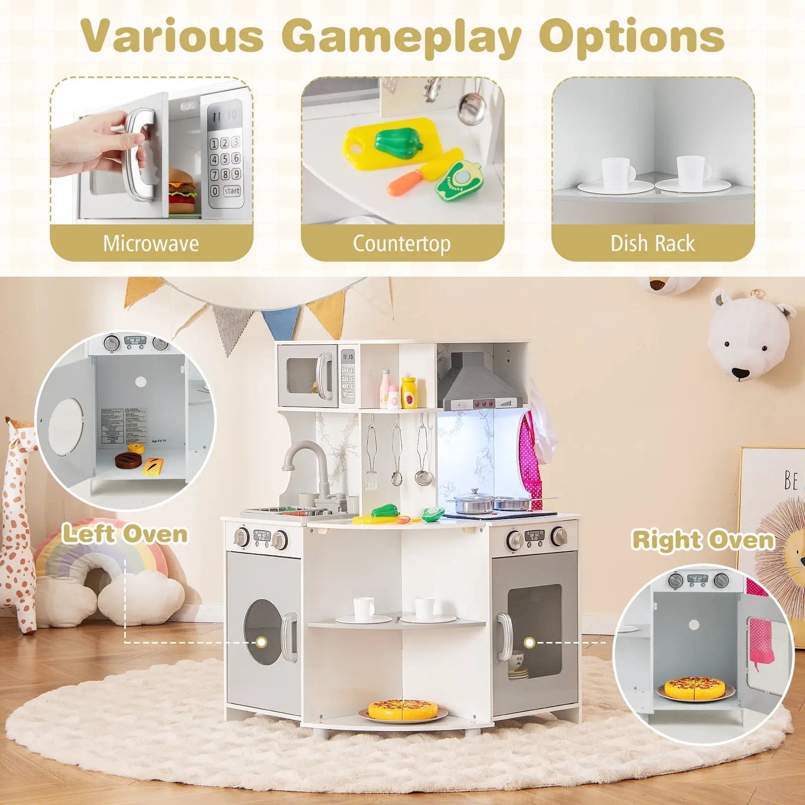 Kids Corner Wooden Play Kitchen with Range Hood and Stoves-Gray by DirectDeals