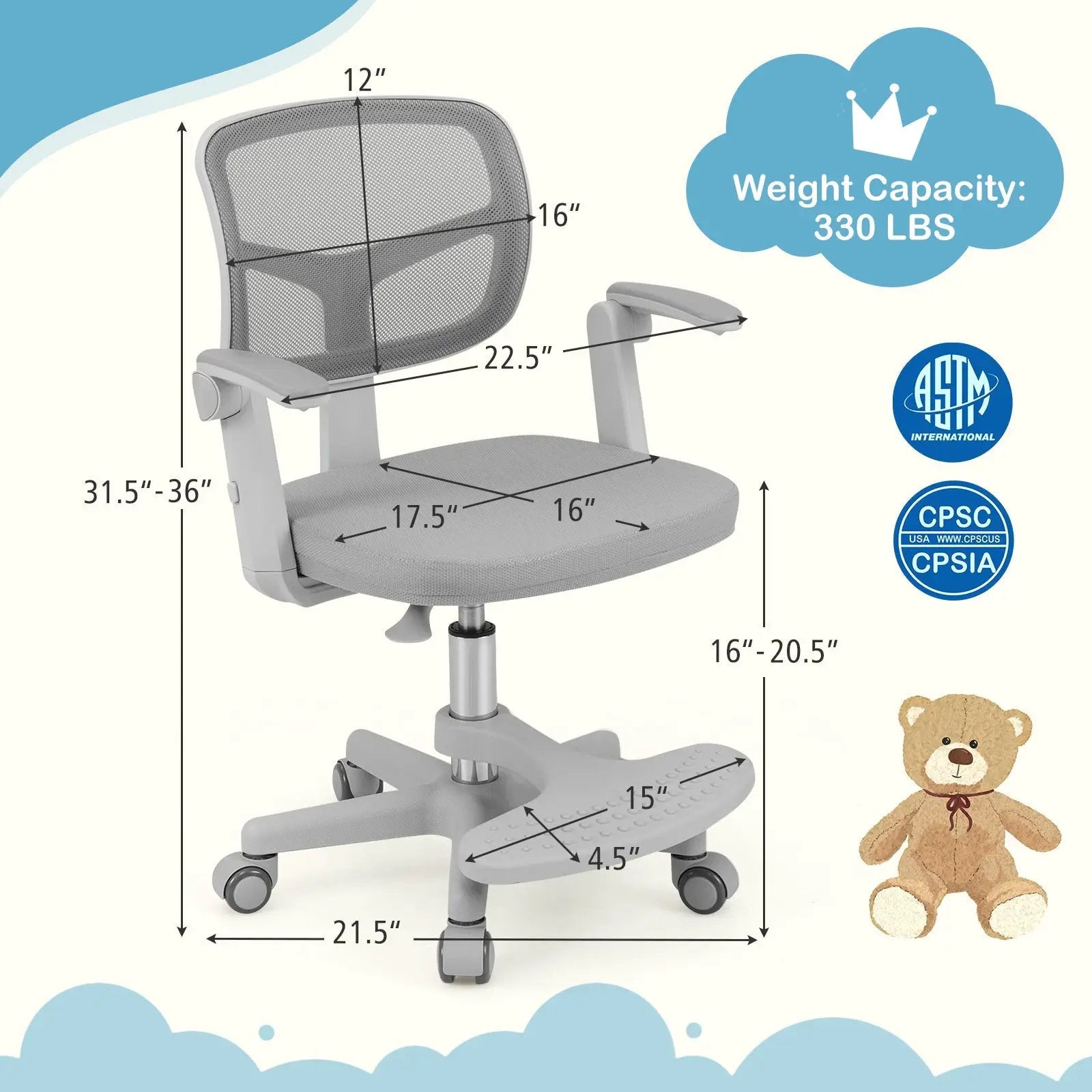 Kids Desk Chair Children Study Chair with Adjustable Height Armrest and Footrest by DirectDeals