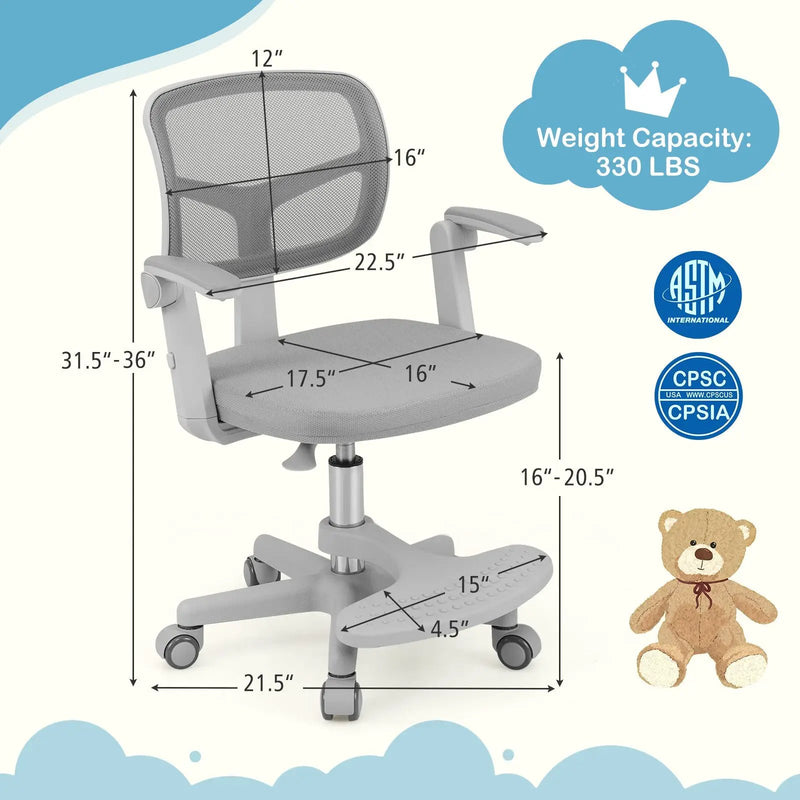 Kids Desk Chair Children Study Chair with Adjustable Height Armrest and Footrest by DirectDeals
