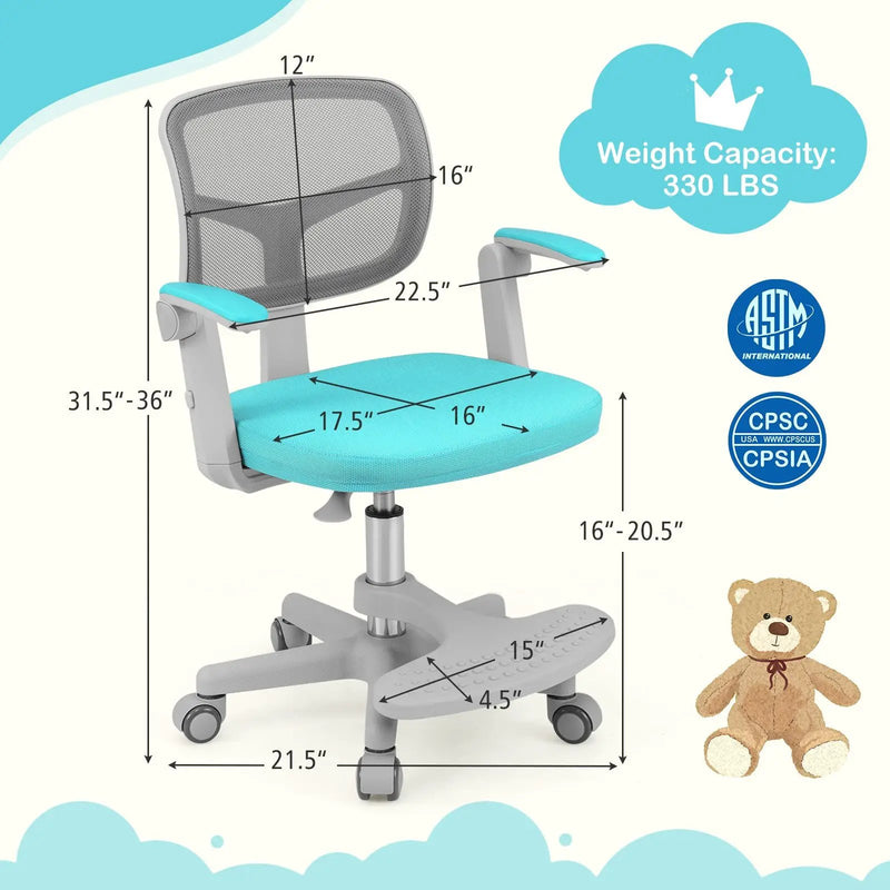Kids Desk Chair Children Study Chair with Adjustable Height Armrest and Footrest by DirectDeals