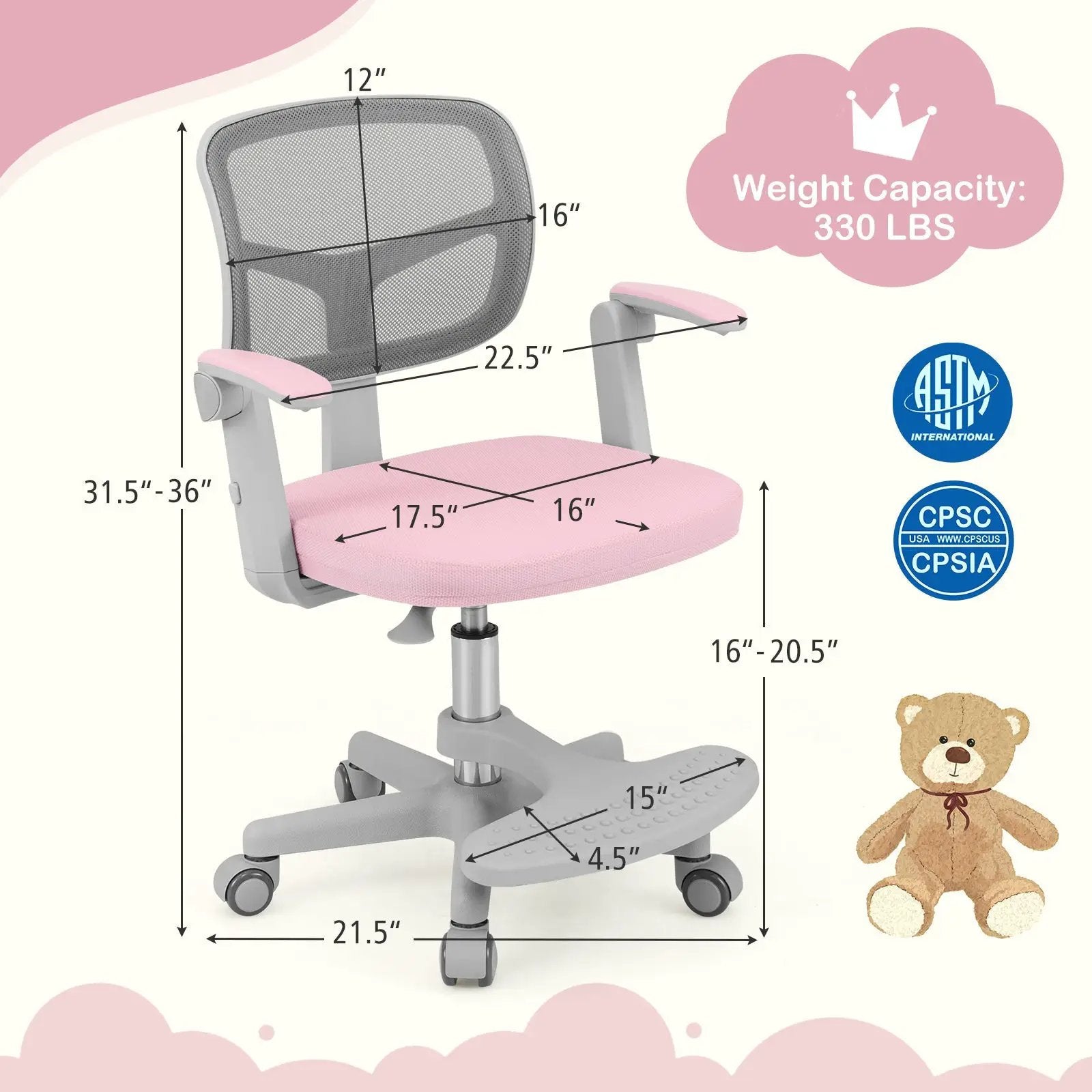 Kids Desk Chair Children Study Chair with Adjustable Height Armrest and Footrest by DirectDeals