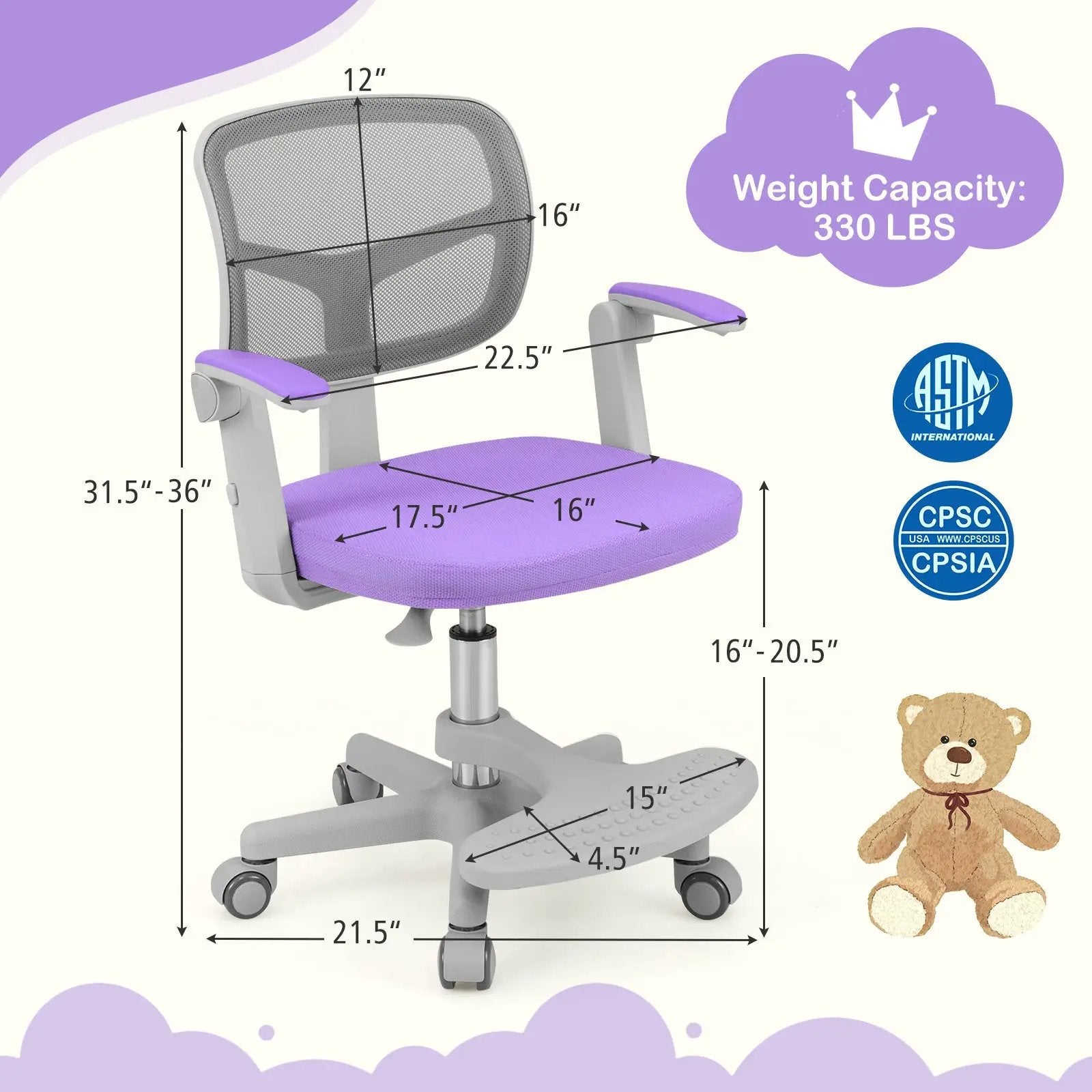 Kids Desk Chair Children Study Chair with Adjustable Height Armrest and Footrest by DirectDeals