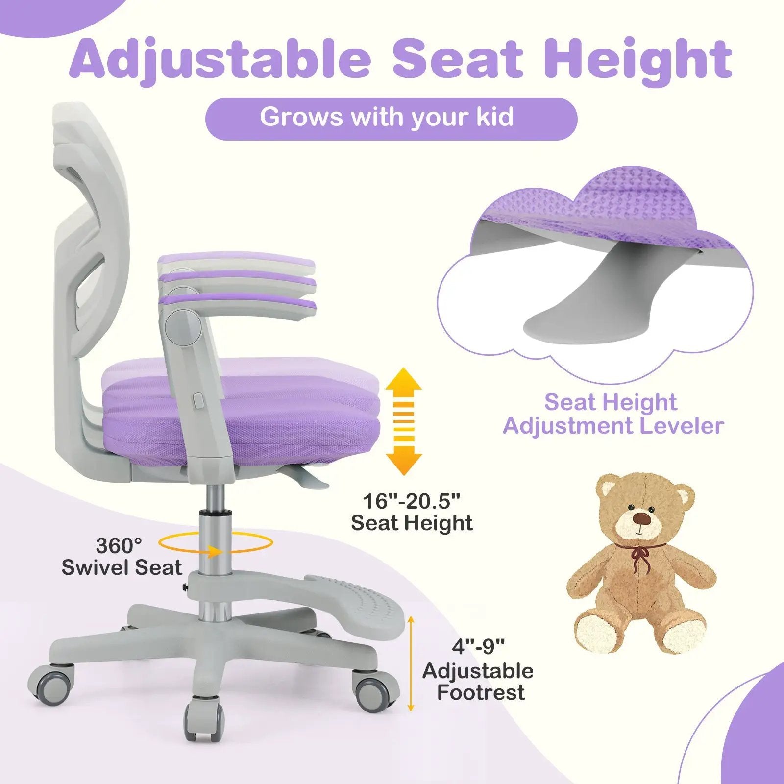 Kids Desk Chair Children Study Chair with Adjustable Height Armrest and Footrest by DirectDeals