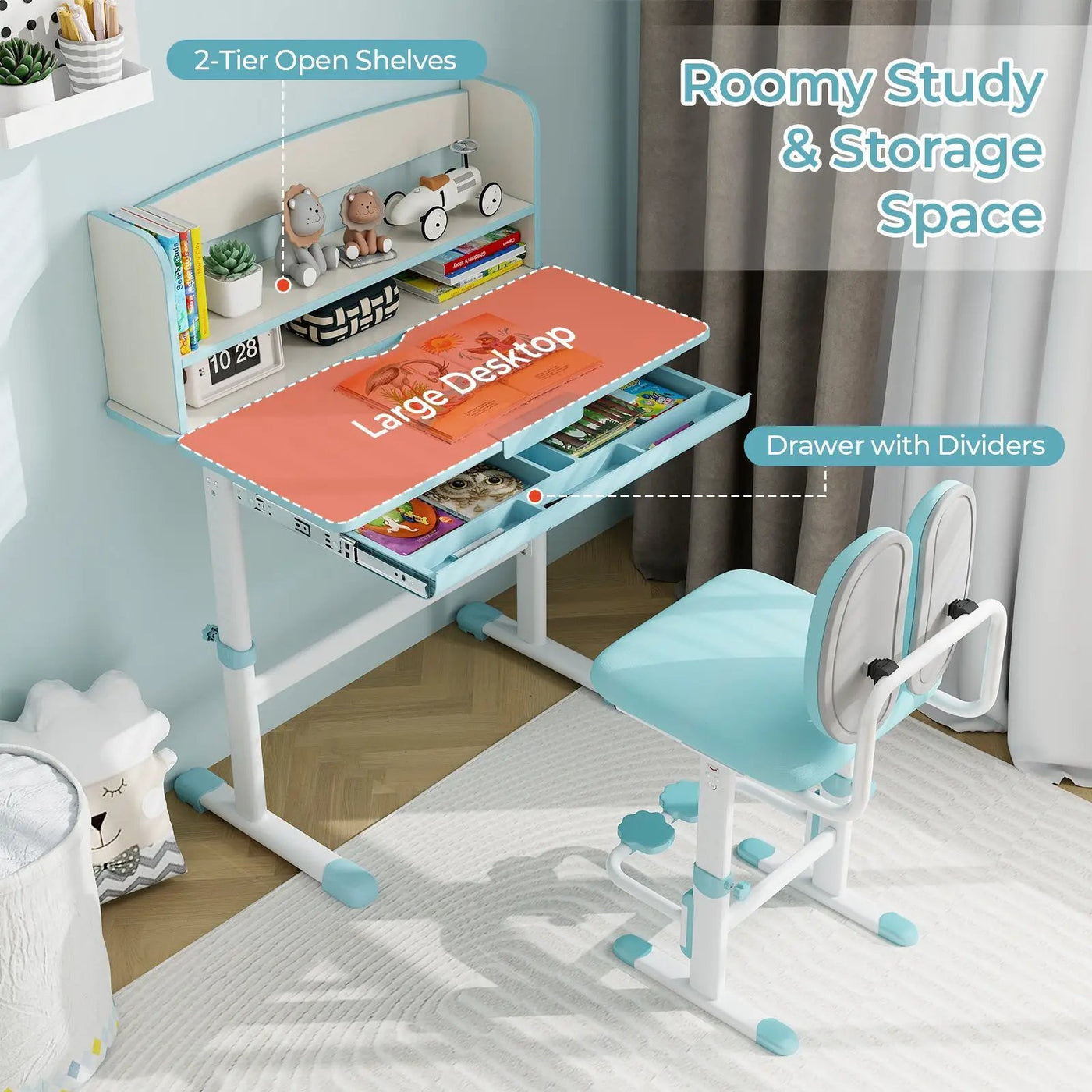 Kids Desk and Chair Set with Adjustable Height and Tilted Desktop by DirectDeals