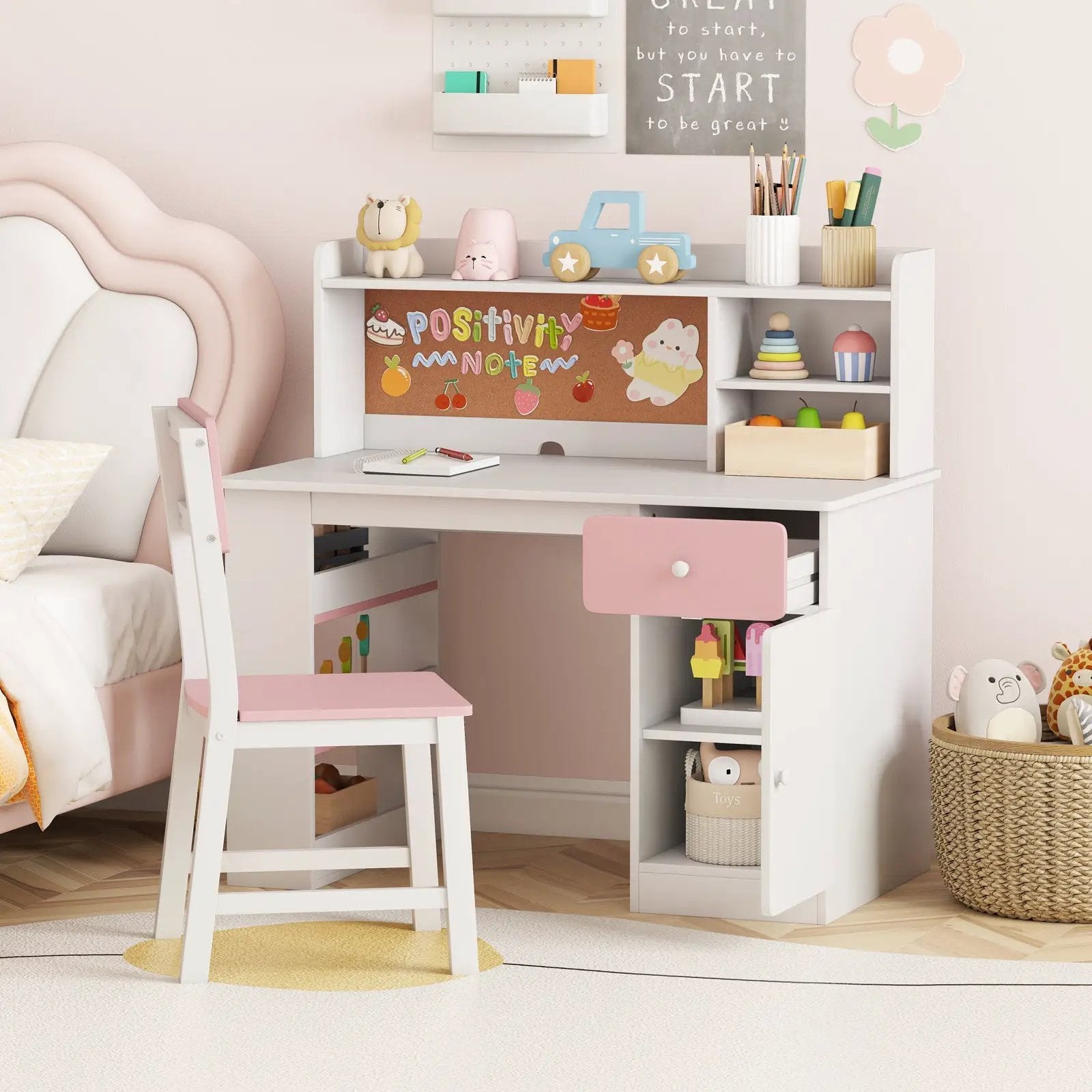 Kids Desk and Chair Set with Hutch and 3-Layer Side Shelf by DirectDeals