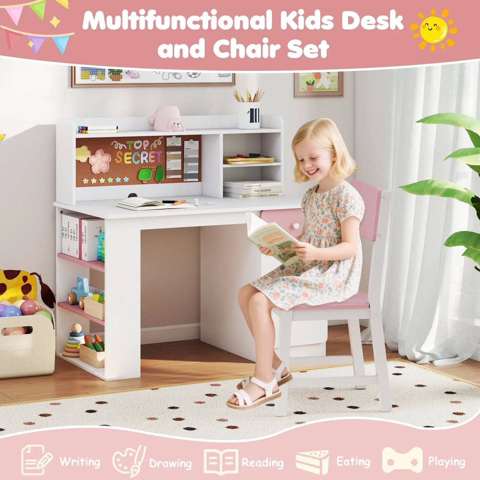 Kids Desk and Chair Set with Hutch and 3-Layer Side Shelf by DirectDeals