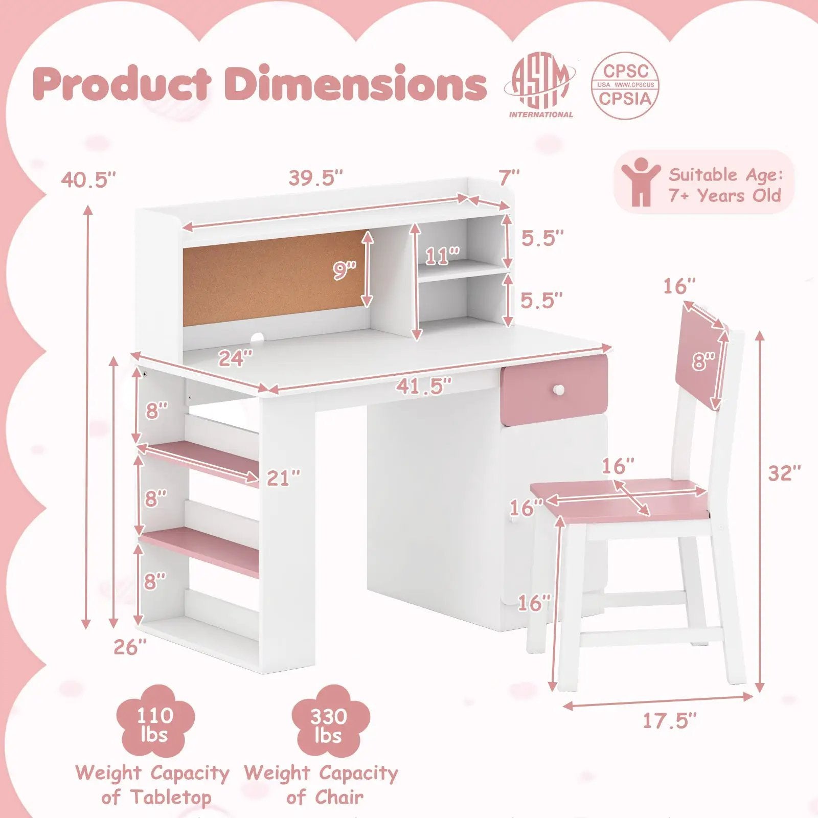 Kids Desk and Chair Set with Hutch and 3-Layer Side Shelf by DirectDeals