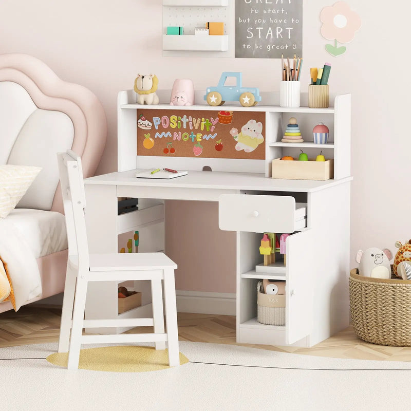 Kids Desk and Chair Set with Hutch and 3-Layer Side Shelf by DirectDeals